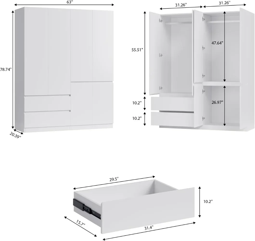 Wardrobe with Drawers and Doors, 4 Door 2 Drawers White Bedroom Armoires Wooden Wardrobe with Shelves and Hanging Rod