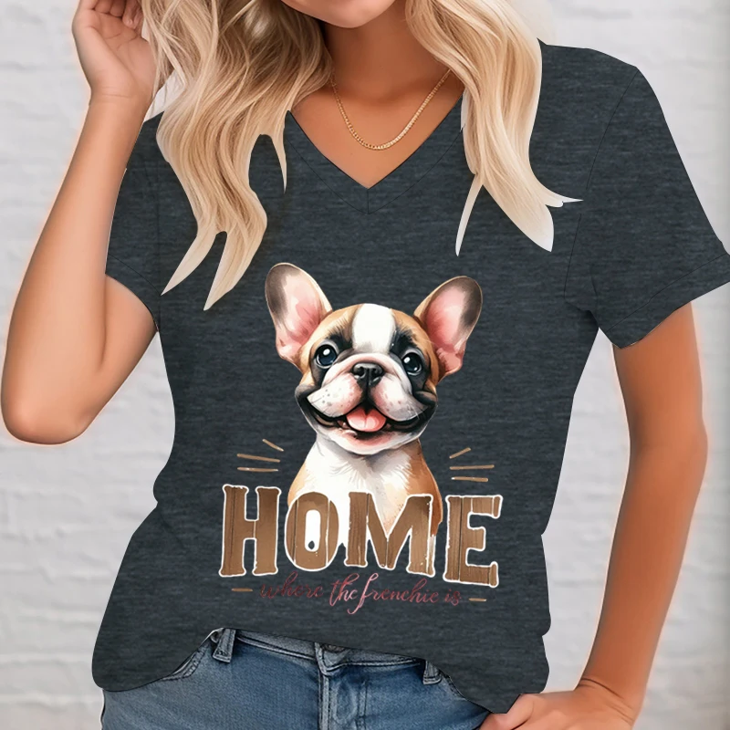 Cute French Bulldog T-Shirt Women Print Cartoon Animal Lovers Tshirts Short Sleeve V-Neck Fashion Brand French Bulldog T Shirt