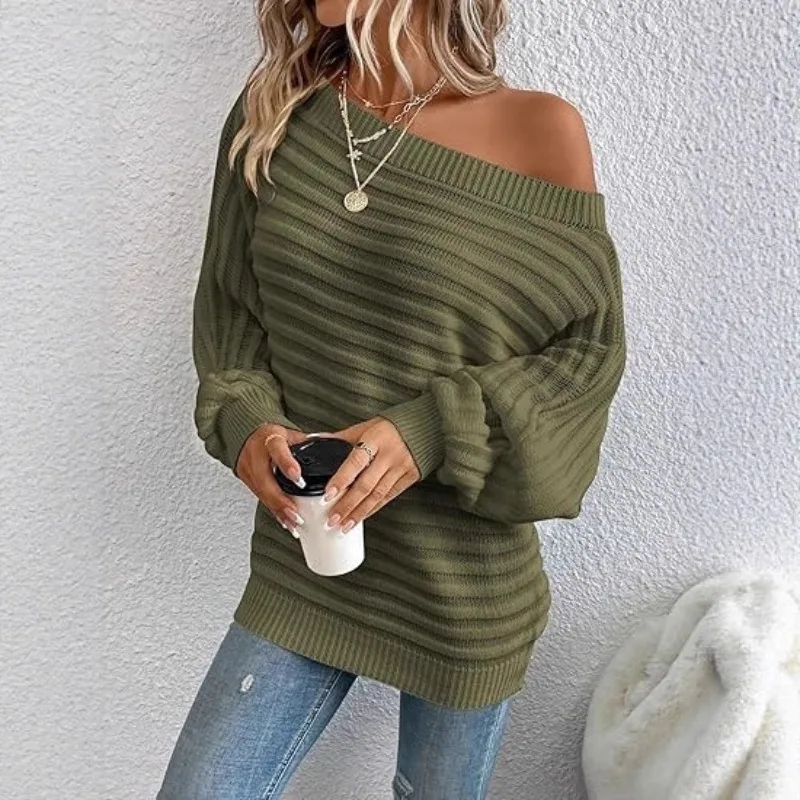 

2025 New Women's Solid Color Ribbed Knit Sweater Boat Neck Batwing Sleeves Oversized Pullover Soft Stretchable Casual Loose Top