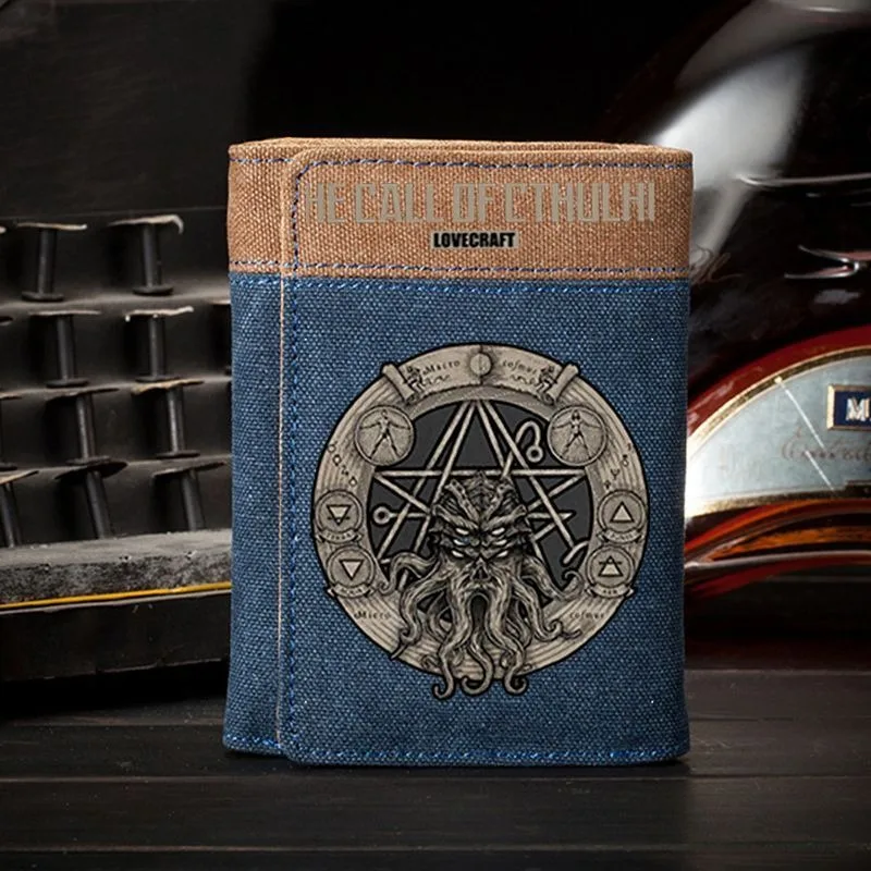 

Cthulhu Mythos Canvas Anime Wallet for Student Boy Girl Tri-Fold RFID Blocking Card Holder Mini Purse Short Money Clip