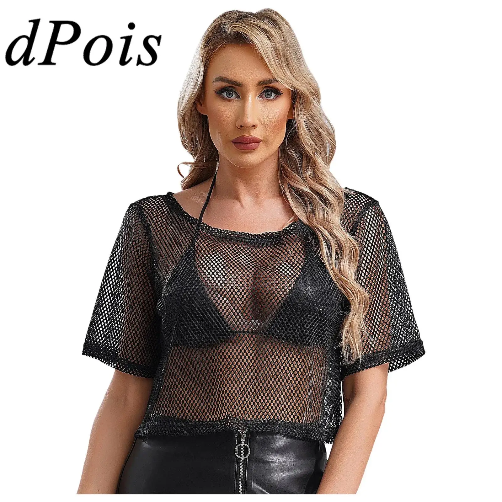 

Women Beachwear Cover-Ups Neon 80s Disco Fishnet T-shirt Summer Short Sleeve Hollow Out Crop Top for Swimwear Bikinis Cover Up