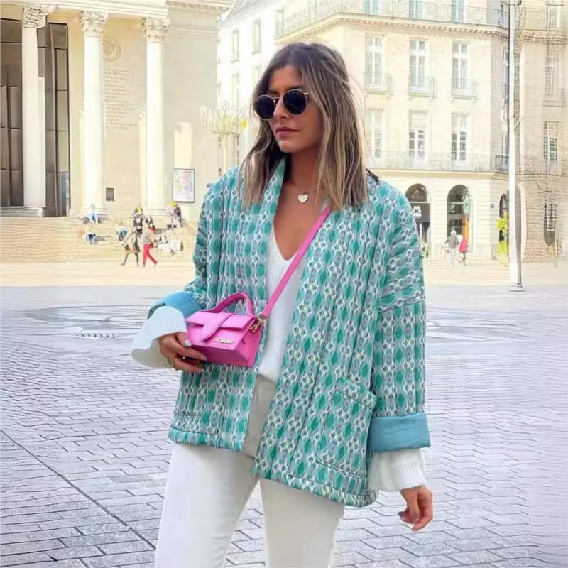 Autumn Winter Casual Cardigans Coat Y2K Vintage Loose Fit Padded Jacket Aesthetic Printed Open Front Quilted Long Sleeve Jackets