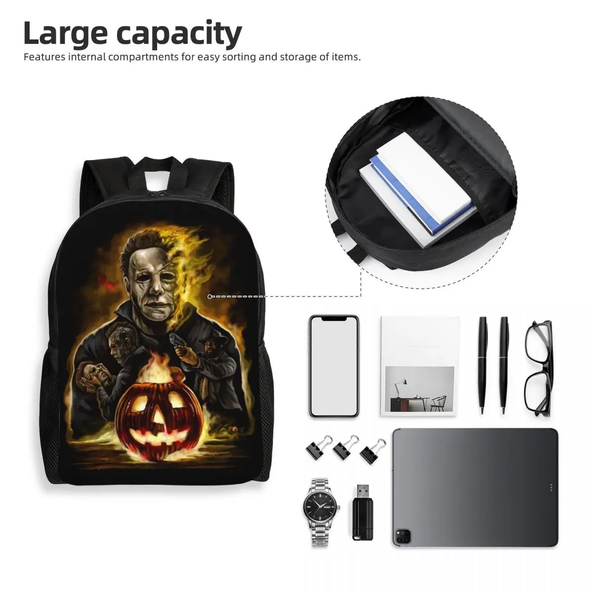 Mochilas personalizadas de Halloween para hombres y mujeres, bolsa de libros básica para la escuela, bolsas de película de terror para la universidad