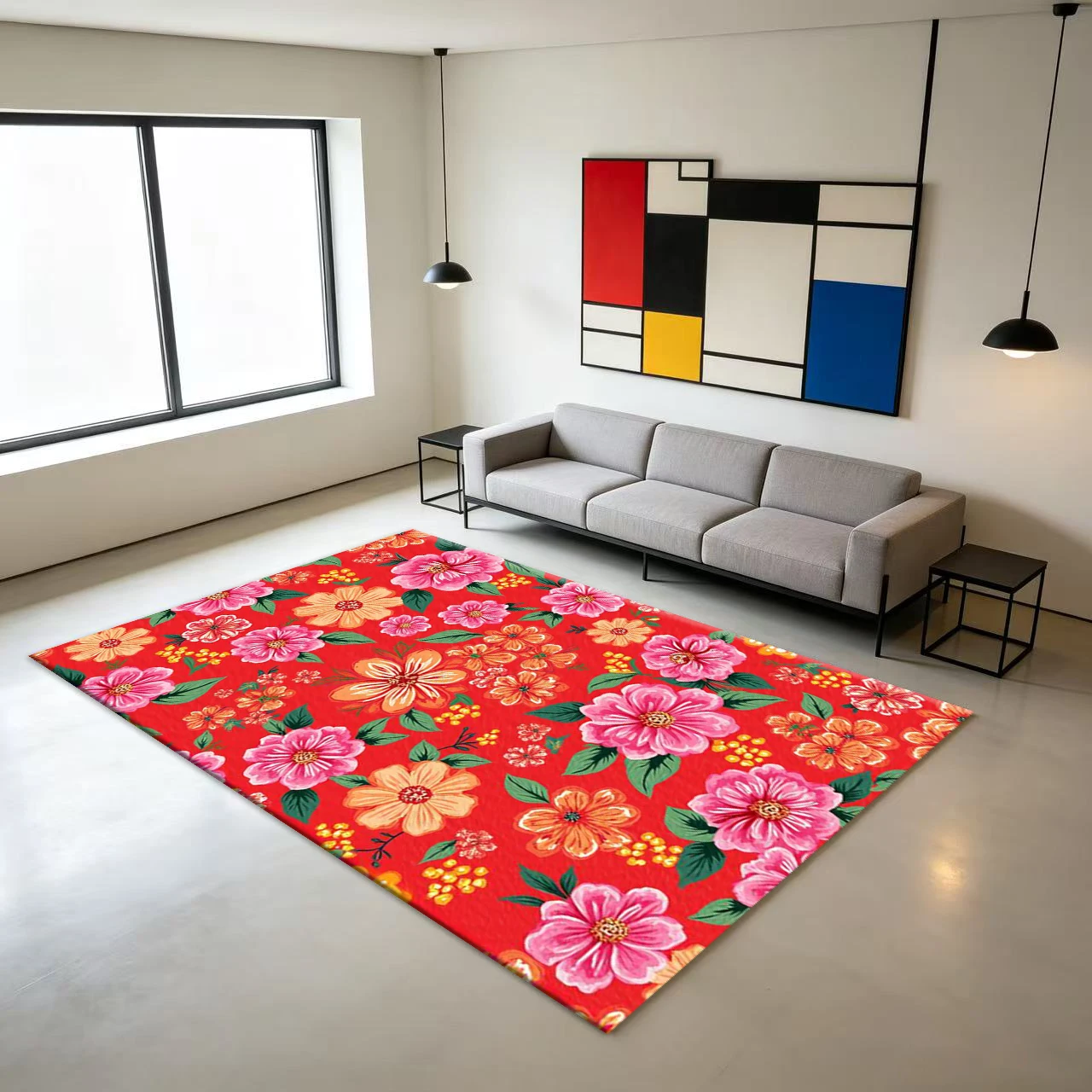 Bright Red Floral Art Carpet Vintage Flower Print Rug Living Room Bedroom Home Decoration