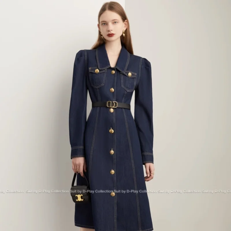 Blue Lapel Denim Dress For Women In Autumn And Winter, New Retro Commuting Style, Slim Denim Dress With A Waistband