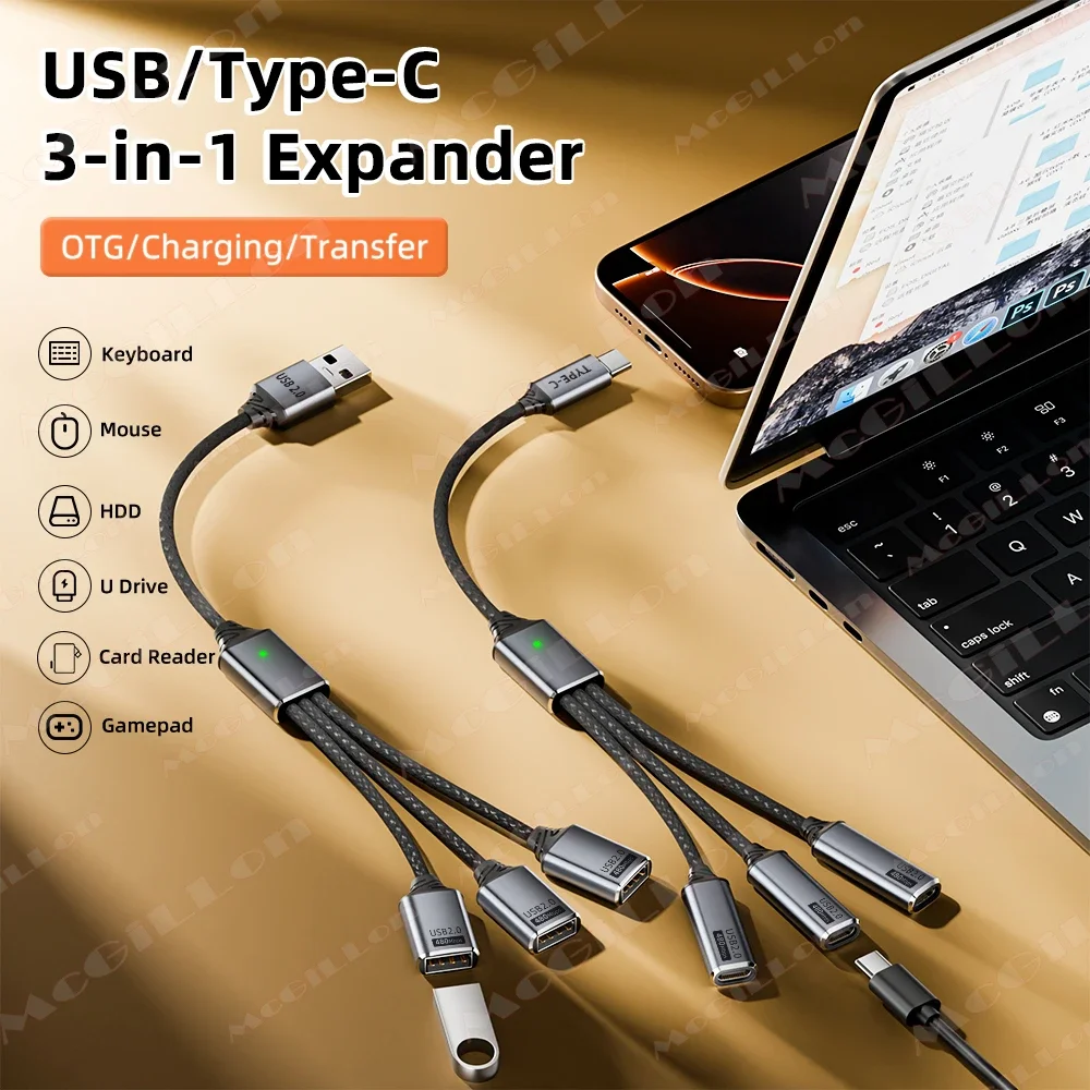 3‑in‑1 USB‑A & Type‑C Splitter Cable, USB 2.0 Hub OTG Converter Adapter, Charging & Data Transfer for Smartphone Laptop Tablet