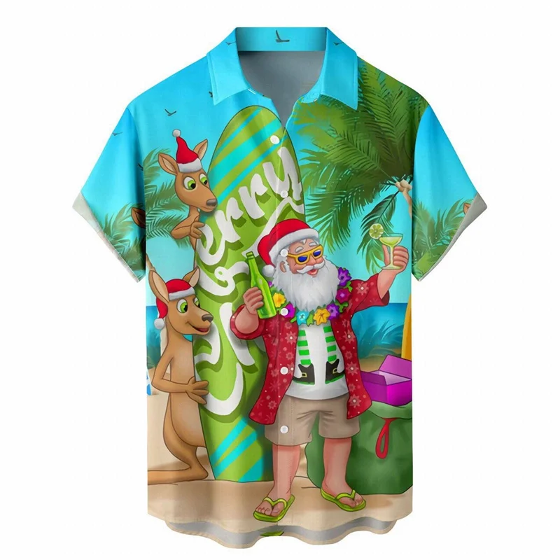 Men\'s Christmas Shirt Fun Hawaiian Shirt, 3D Printed  Santa Claus, Christmas Reindeer, Pattern Kangaroo, Summer Men\'s Shirts