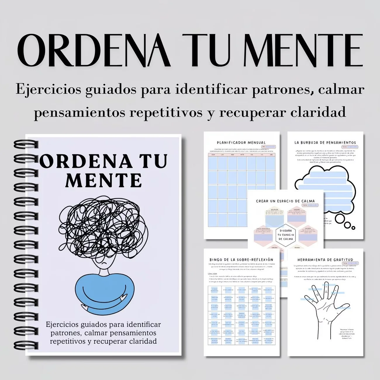 ORDENA TU MENTE Journal de réflexion guidée, Cahier de travail sur la santé mentale en espagnol, Exercices de pleine conscience pour la réduction du stress, Livre d'autofaisceuillement