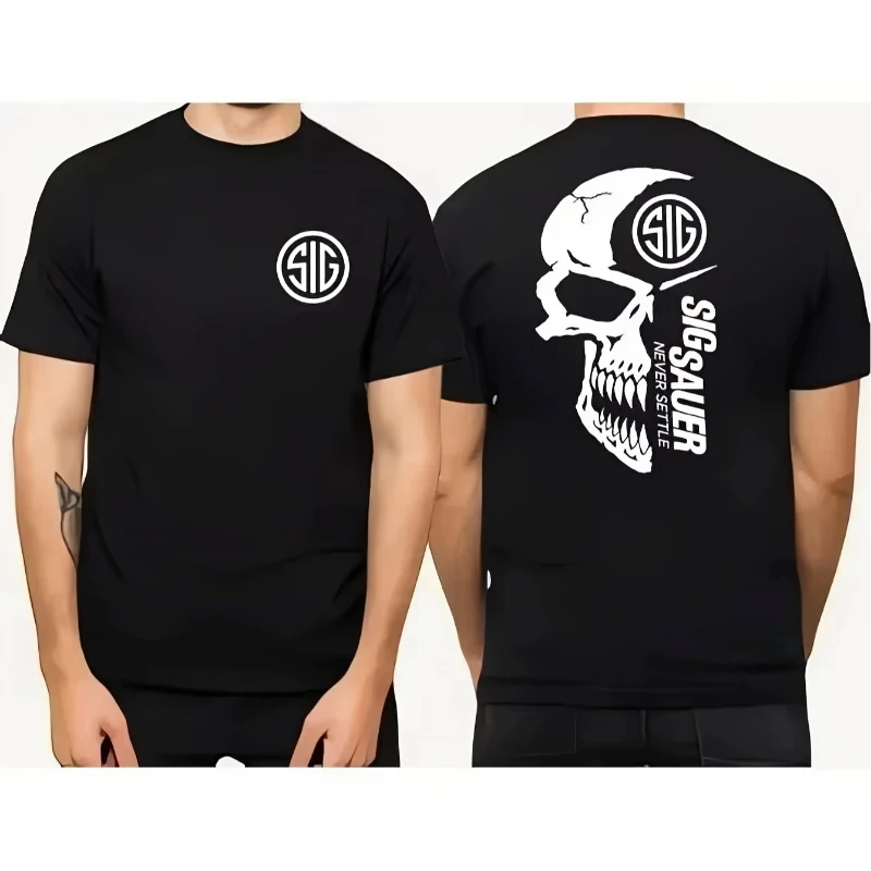 2025 Summer Men's Signature Souer Gun Design Printed T-Shirt Featuring German Gun Ammunition Army Theme with Skull Pattern