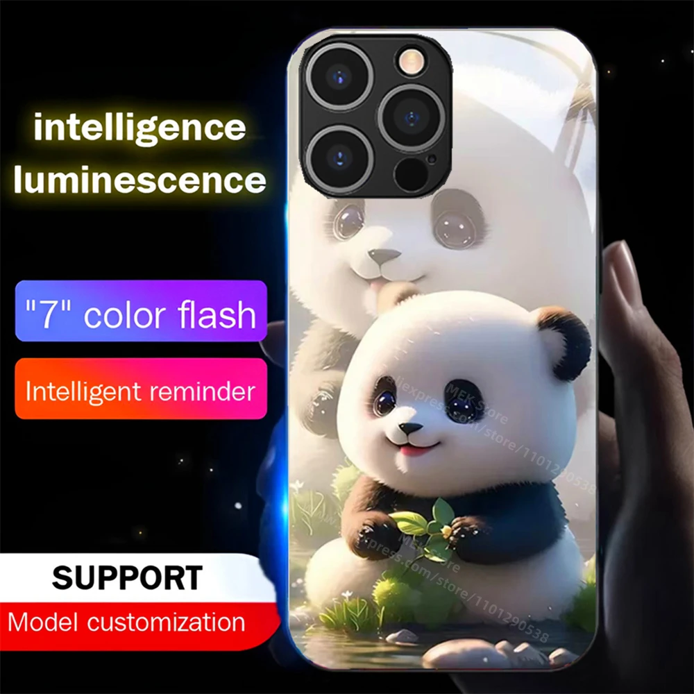 Naughty Panda Pattern LED Light Phone Case Glitter Shockproof Back Cover For iPhone 16 15 14 13 12 11 Pro Max X XR Plus