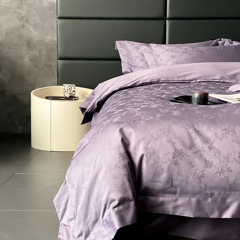 Egyptian Cotton Satin Jacquard Bedding Set, Luxury, Soft, Silky, Elegant Purple Flowers, Duvet Cover, Bed Sheet, Pillowcases