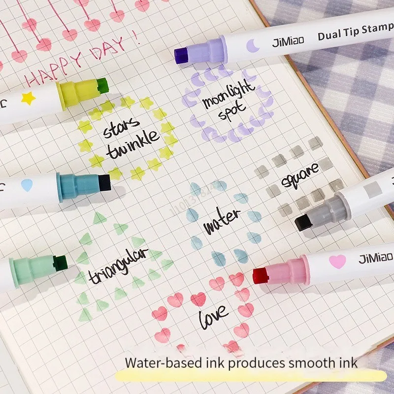 6 Colors Stamp Double Headed Art Markers Highlighter Pen Star/Heart/Moon/Drop/Square for Scrapbook Diary Poster Christmas Card