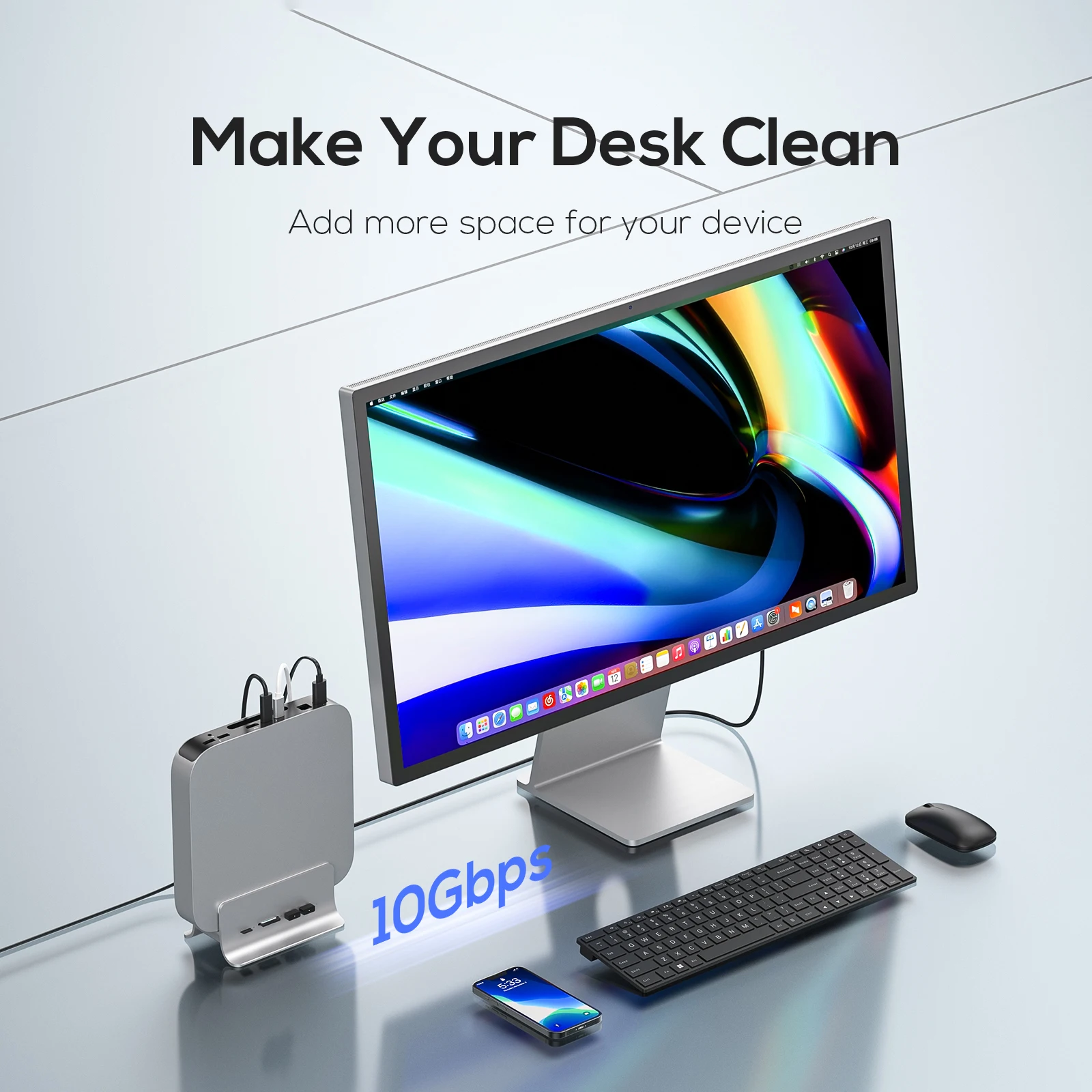 PULWTOP 5-in-1 USB C Hub لجهاز Mac Mini M1/M2، محور mac mini يدعم توسيع M.2 NVMe SSD، مع 2x USB C 3.2 بسرعة 10 جيجابت في الثانية، SD/TF