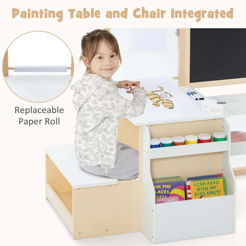 Juego de mesa y silla de Arte 3 en 1 para niños, escritorio de actividades de madera para manualidades y juegos para niños pequeños con pizarra de caballete de doble cara, pizarra blanca