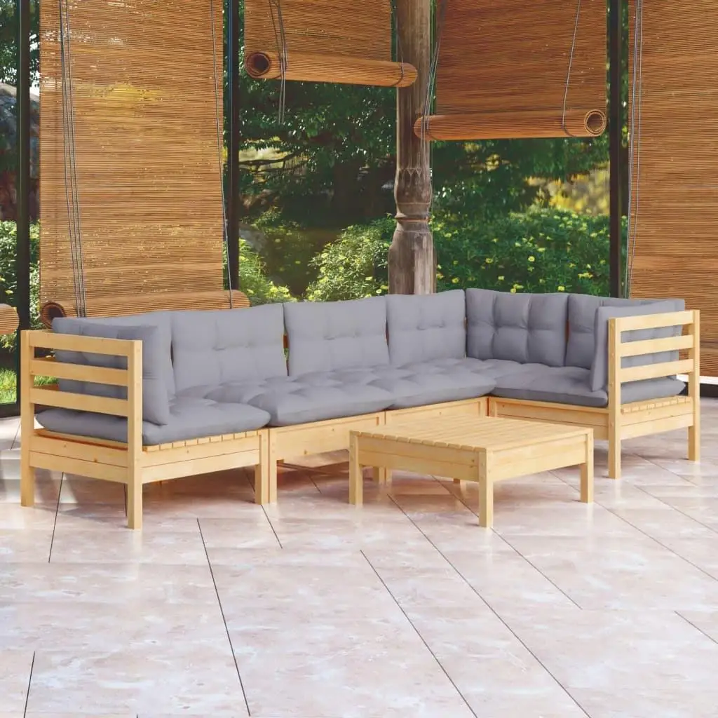 6-Piece Patio Lounge Set with Gray Cushions - Durable Pinewood Outdoor Furniture