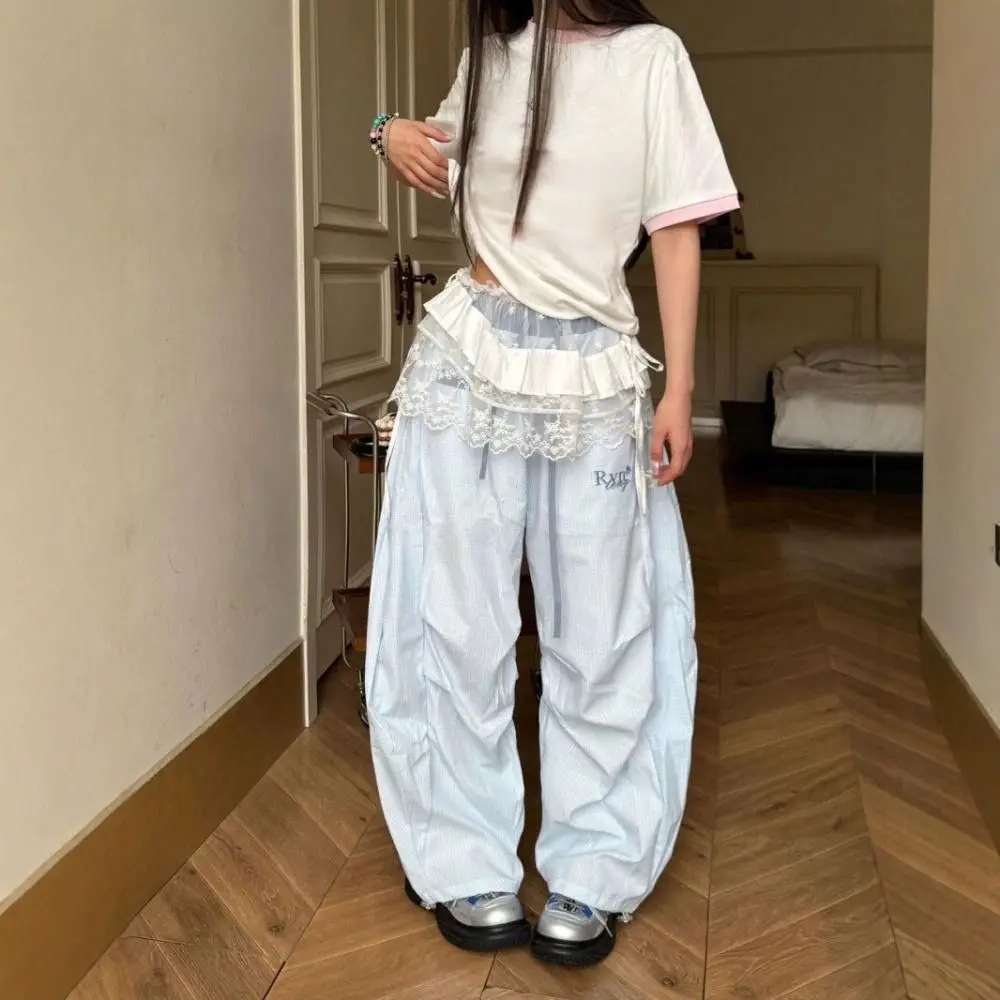 New Embroidered Flower Lace Mini Skirt See Through Harajuku Ruched Skirts Y2K Streetwear Pleated Skirts Jeans Decoration