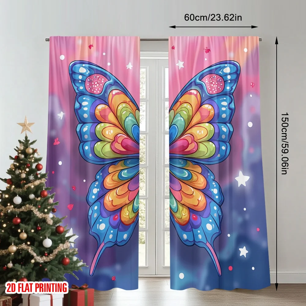 2 قطعة 2D ستائر الطباعة المسطحة نابضة بالحياة قوس قزح فراشة الرقمية المطبوعة البوليستر الستائر زينة الحفلات مثالية للمنزل و #2