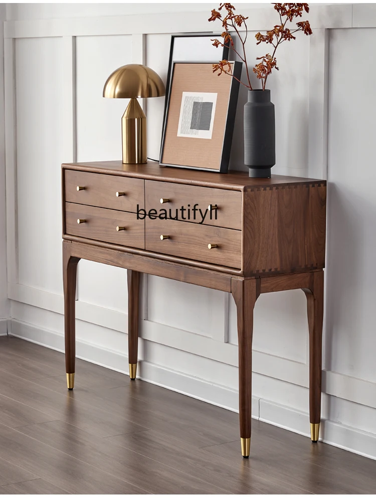 Nordic Black Walnut Wood Hallway Cabinet Light Luxury Solid Wood a Long Narrow Table Console Tables High-Leg Locker