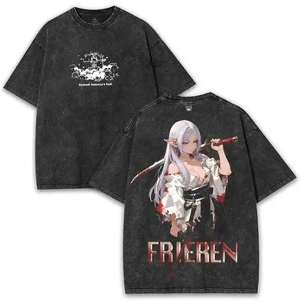 Japanese Anime Frieren Beyond Journey's End T-shirt Washed Oversized T Shirt Men Women Clothing Short Sleeve Cotton Tee Tops