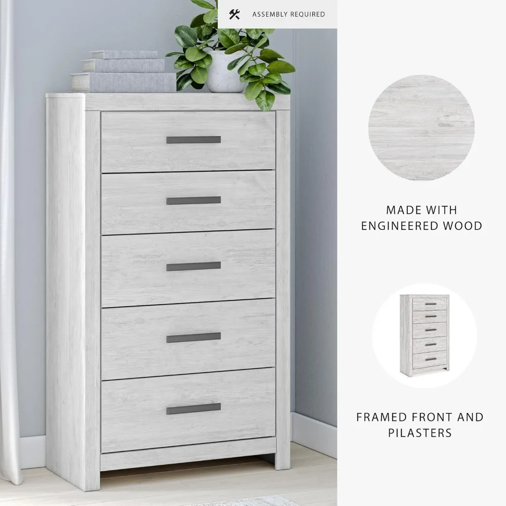 خزانة واسعة ذات 5 أدراج على الطراز العتيق مع آلية أمان لغرفة النوم، باللون الأبيض