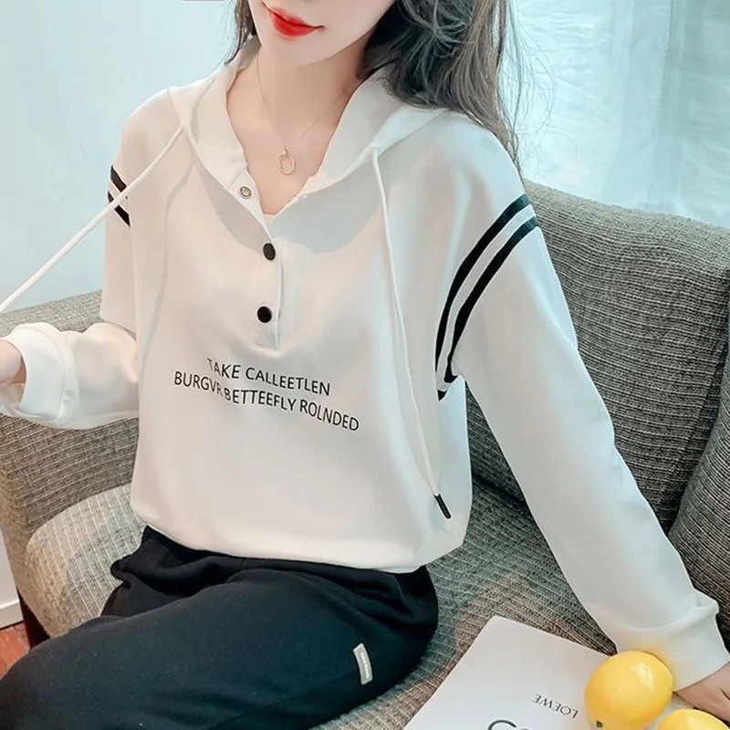 Fashion Hooded Spliced Loose Printed Letter Hoodies Female Clothing 2023 Autumn New Casual Tops All-match Commute Sweatshirts