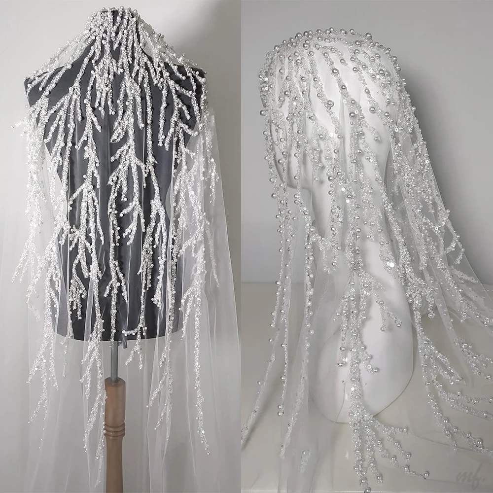 Gorgeous Wedding Veil Mantilla Hand Beaded Sequins Pearls Leaf Style Formal Bride Long Tulle Customized Church Bridal Headwear