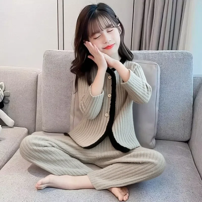 

Children's Sleepwear Autumn Winter Warm Fleece Cardigan Set Long Sleeve Girls' Casual Outwear German Velvet Tween Kids Pajamas