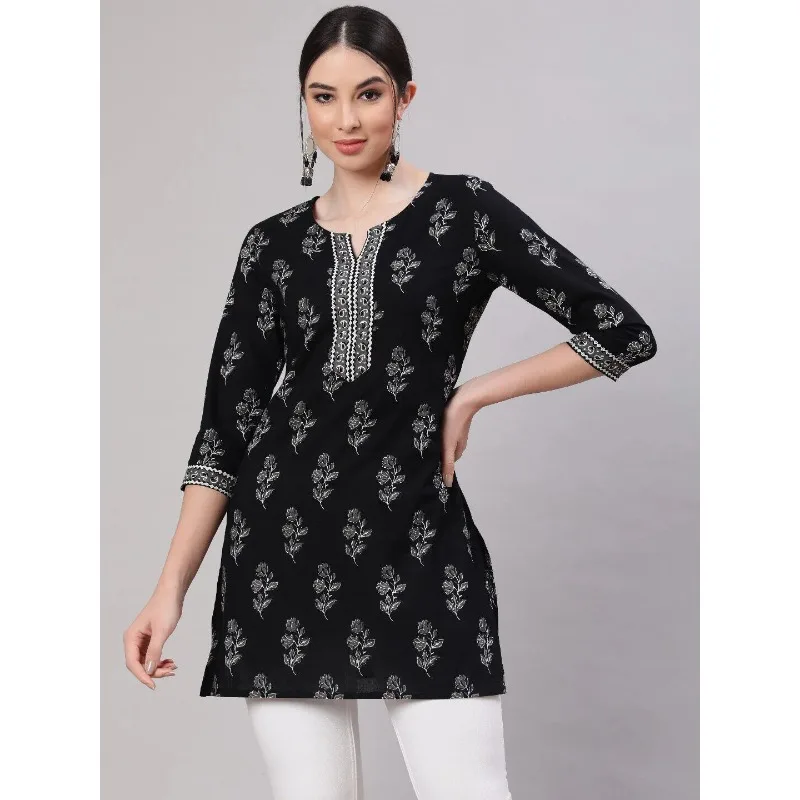 Indian Women Black Pure Cotton Floral Print Straight Top Tunic Kurta Kurti Dress