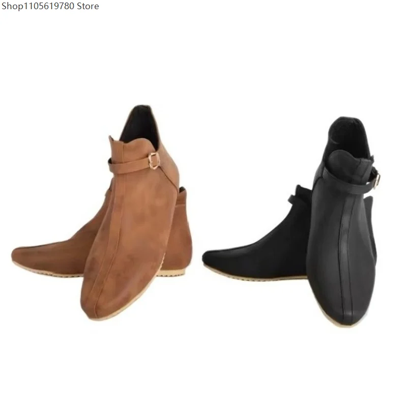 Renaissance Medieval Vintage Brown Buckle Leather Short Flat Footwear Men Viking Knight Prince Pirate Cosplay Costume Accessory 3