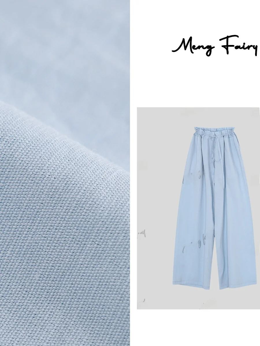 

Летние женские брюки 2026: свободные широкие штаны из хлопка цвета ледяной синевы с завязками, прямые, с высокой талией