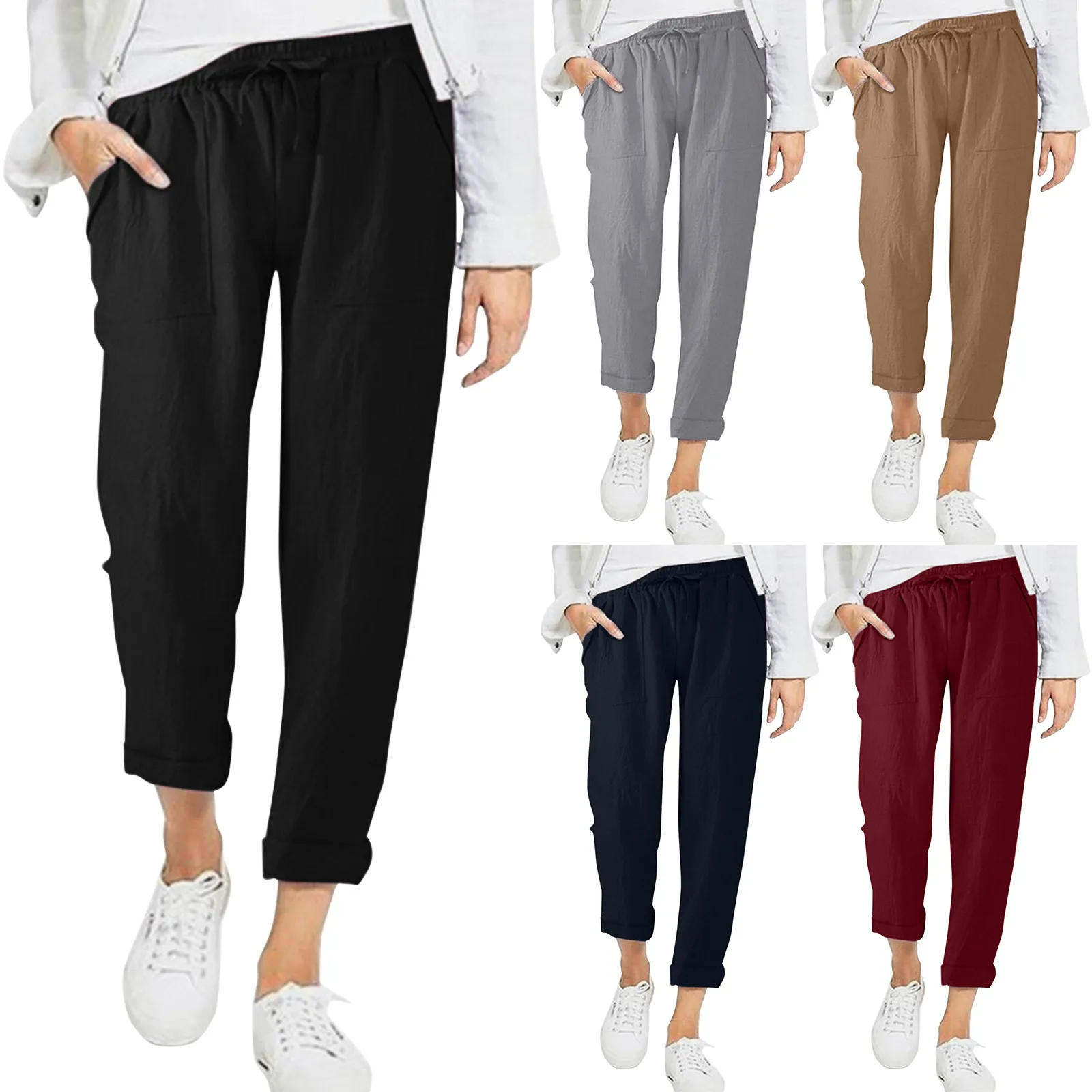 

New Fashion Cotton Linen Harem Pants Women Summer Loose High Waist Elastic Ankle-length Pants Solid Pocket Lady Casual Pants