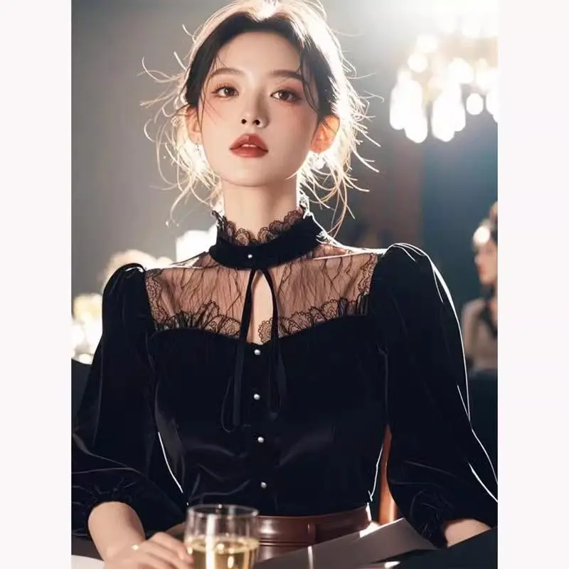 

Women Spring Autumn Elegant Temperament Solid Color Shirts Women Clothes Fashion Lace Patchwork All-match Long Sleeve Slim Tops