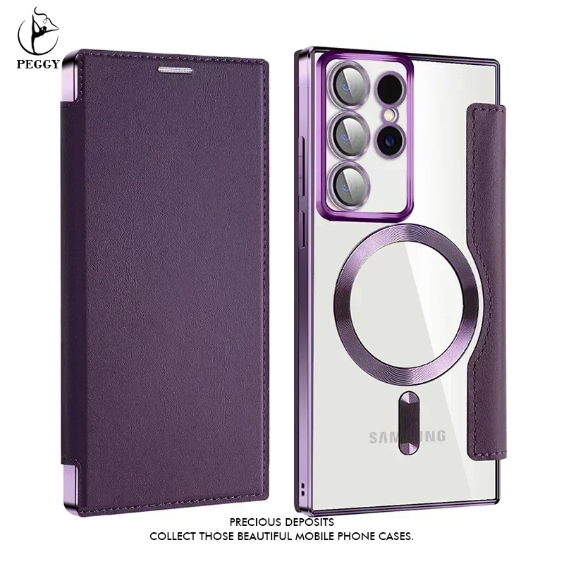Samsung Leather Flip Card Clip Phone Case For Samsung Galaxy S24 S23 S22 Ultra Plus S23 FE For Magnetic Wireless Charging Covers