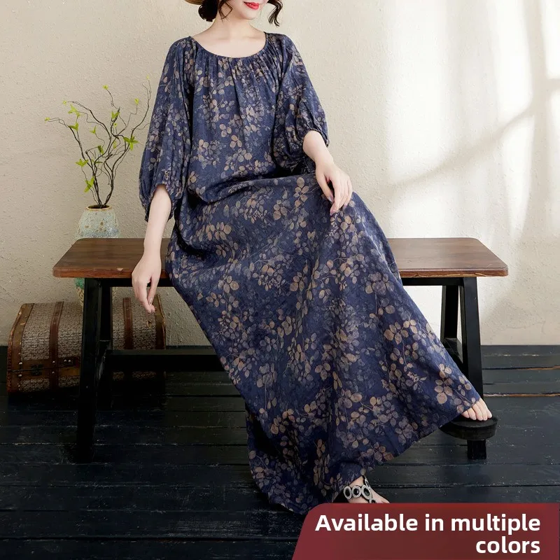 

Хлопково-льняное длинное платье с цветочным принтом Dr Bell Sve Loose Plus Size Summer Vaion Sle A-Line Dr round Neline Five Sve