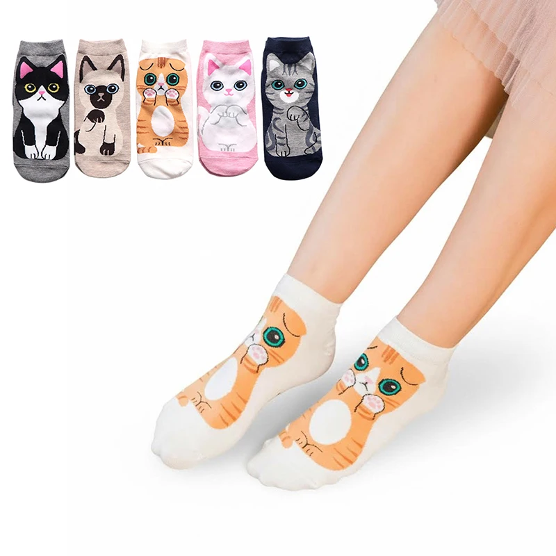 

5 пар/лот, японские и корейские женские носки, забавные носки с мультяшными котами и собаками для девочек, милые хлопковые носки, дышащие носки до щиколотки