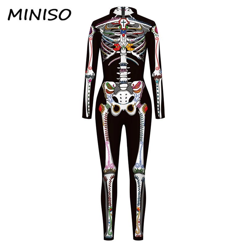 MINISO Frau Cosplay Menschliches Skelett 3D Druck Kostüme Zentai Bodysuit Dress Up Elastische Overalls Urlaub Party Kleidung