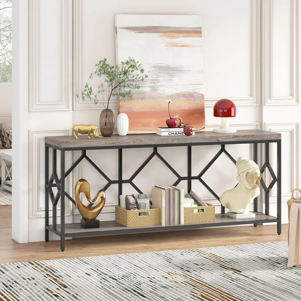 70.9 Inches Extra Long Sofa Table, Narrow Long Console Table with Storage Shelves Behind Couch Tables, 2-Tier Hall Tables