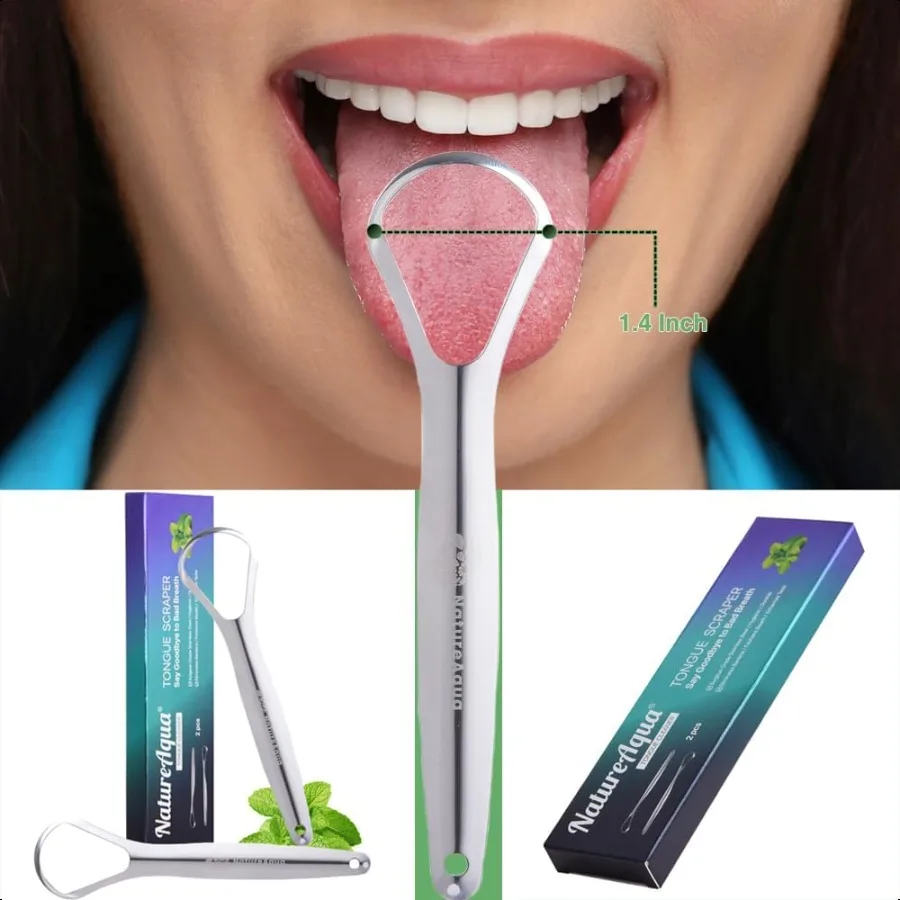 كاشطات فرش اللسان منظفات مكشطة اللسان 2 حزمة منظف اللسان واسع الرأس مع شكل ملعقة يقلل من رائحة الفم الكريهة من الفولاذ المقاوم للصدأ