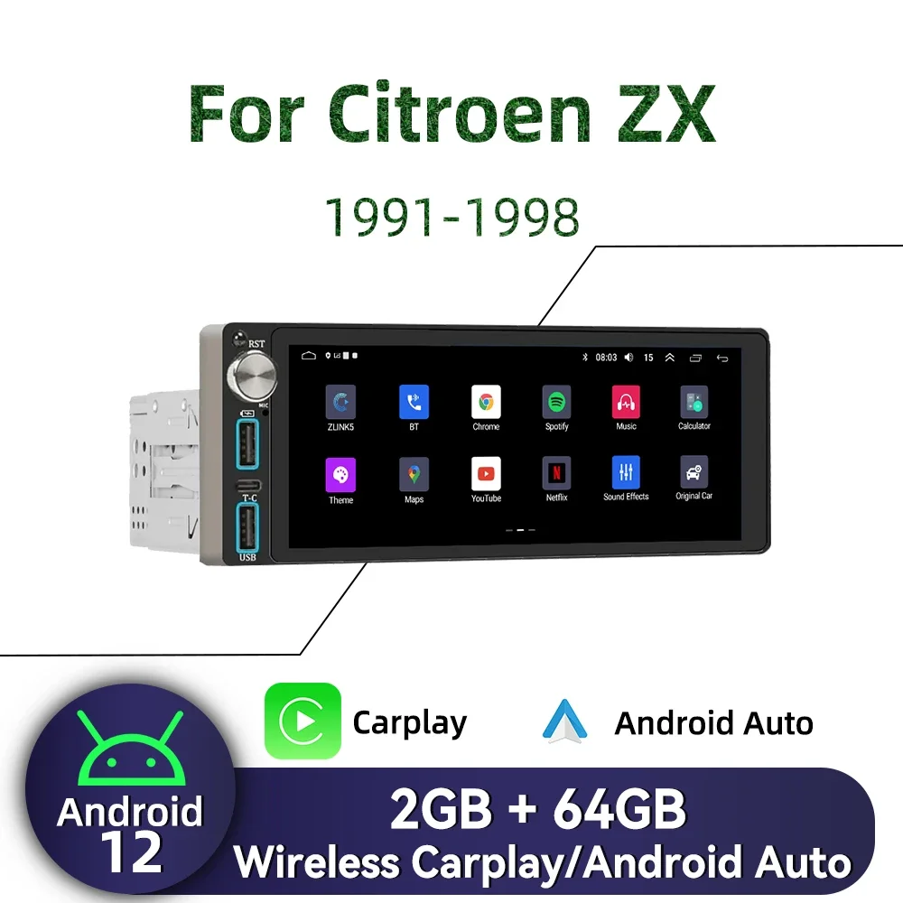 

Carplay 6.86" Screen Multimedia 1 Din Android Car Radio for Citroen ZX 1991-1998 Head Unit Autoradio Stereo GPS Navigation WIFI