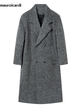 Men's Gray Wool Blend Coat 3 Mauroicardi Autumn Winter Long Gray Oversized Thickened Warm Soft Wool & Blends Coat Men Double Breasted Korean Fashion 2023 3