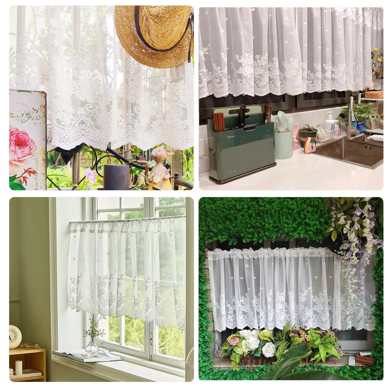 European White Lace Valance for Kitchen Windows, Vintage Floral Patterned Lace Valance Curtain , Rod Pocket1 Panel,  White