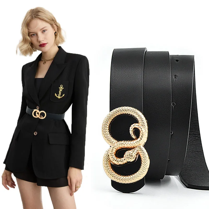 

Fashionable Gold Snake Belts for Women Beautiful Metal Snake Buckle 105cm Solid Color PU Versatile Belt