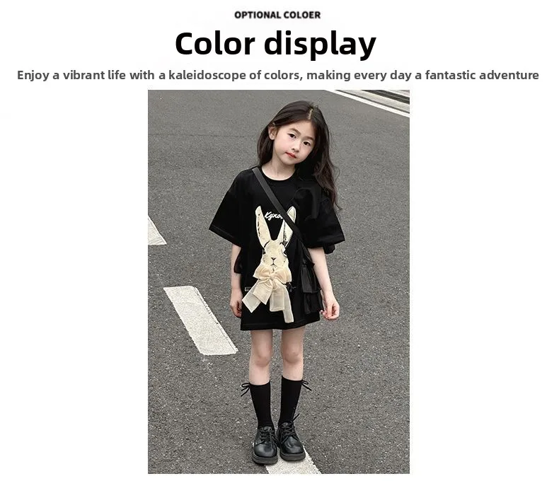 2026 Neues Sommer-T-Shirt-Kleid für Mädchen mit Hasen-Print und Schleife, lockeres langes Kinder-T-Shirt-Oberteil für Mädchen von 5-16 Jahren – Detail 6