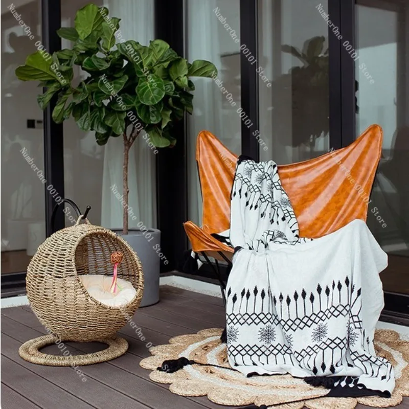 Rattan Cat Hanging Basket Bed Round Semi Enclosed Hammock Swing Lounge All Season Washable Indoor Pet Cave For Summer Winter view 5