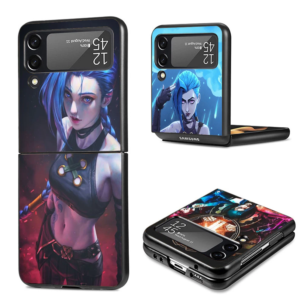 Anime Arcane Jinx Vi Hard Black Cover for Samsung Galaxy Z Flip 4 3 5 5G Phone Case Flip4 Flip3 Flip5 Pattern Luxury Shockproof