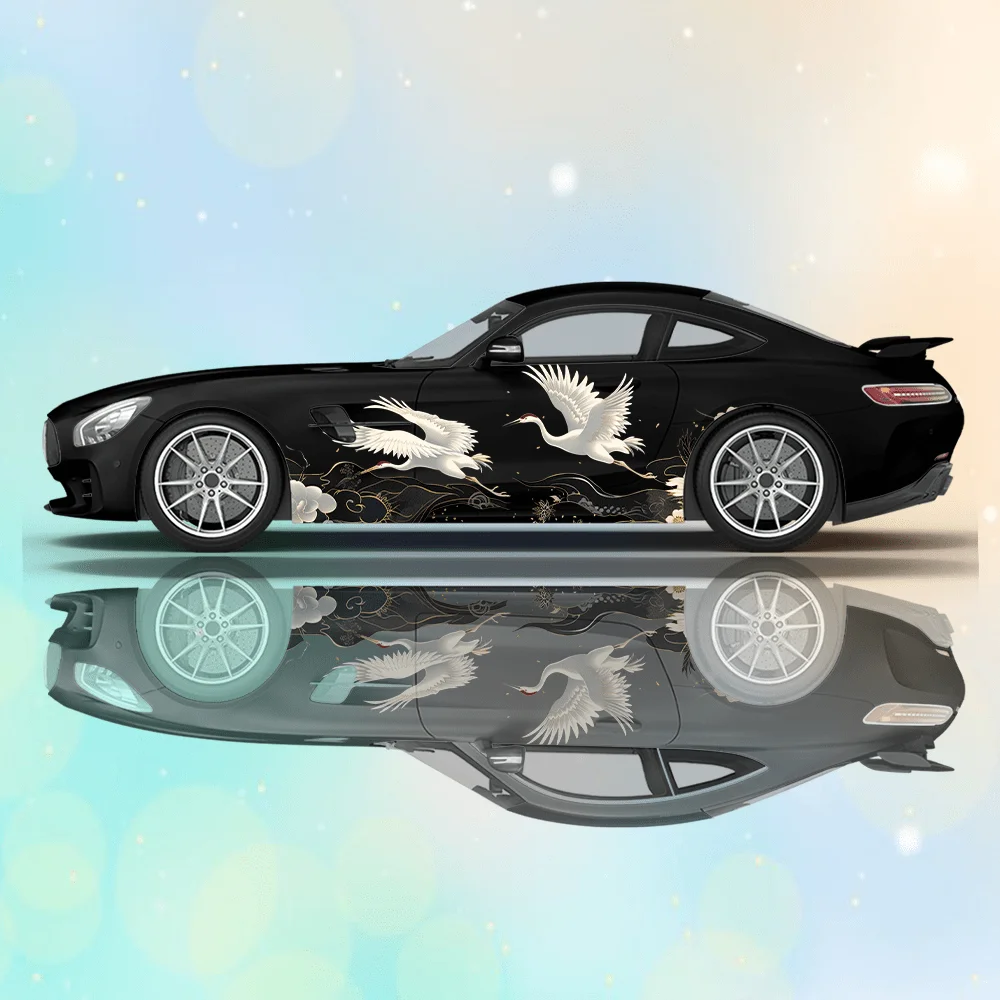 

Pair of White Cranes Cloud Car Decals, Full Body Floral Decoration Covering Scratches, Waterproof Car Decals Car Vinyl Wraps