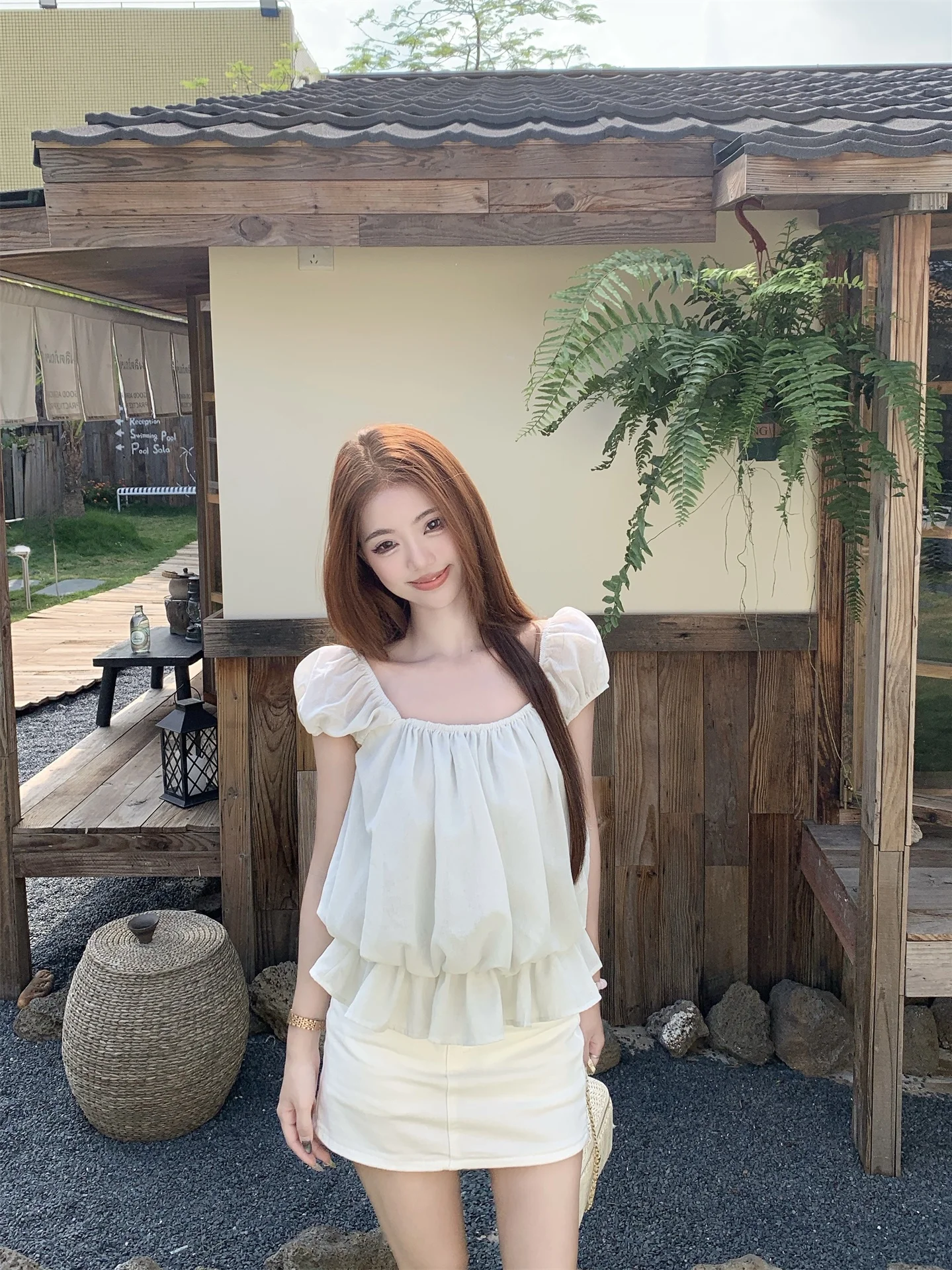 

Mint Green Floral Trim Short Sleeve Shirt Women's Summer Slimming Versatile Top Gentle Style Bubble Sleeve Loose Fit Blouse