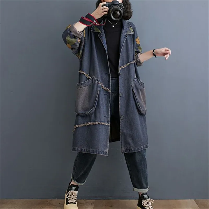 Vintage Women's Denim Trench Coat for Women 2024 Autumn New Printing Long Sleeve Jeans Jacket Casual Loose Denim Windbreaker