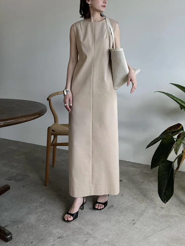 

Spring Summer Women Sleeveless Slim Midi Dress Commuting Temperament Female French Simple Long Robes