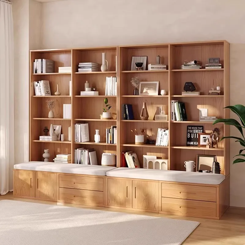 Solid Wood Bookshelf Floor-to-ceiling Shelf Integrated Wall Bookcase Simple Modern Home Display Cabinet Bookcase Locker